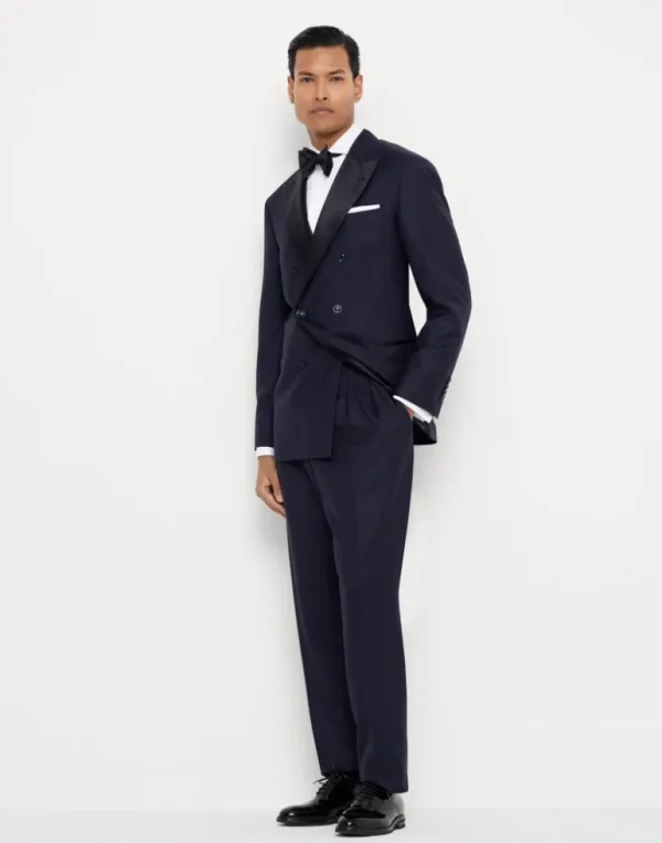 Lightweight virgin wool and silk twill tuxedo with one-and-a-half breasted jacket and double-pleated trousers