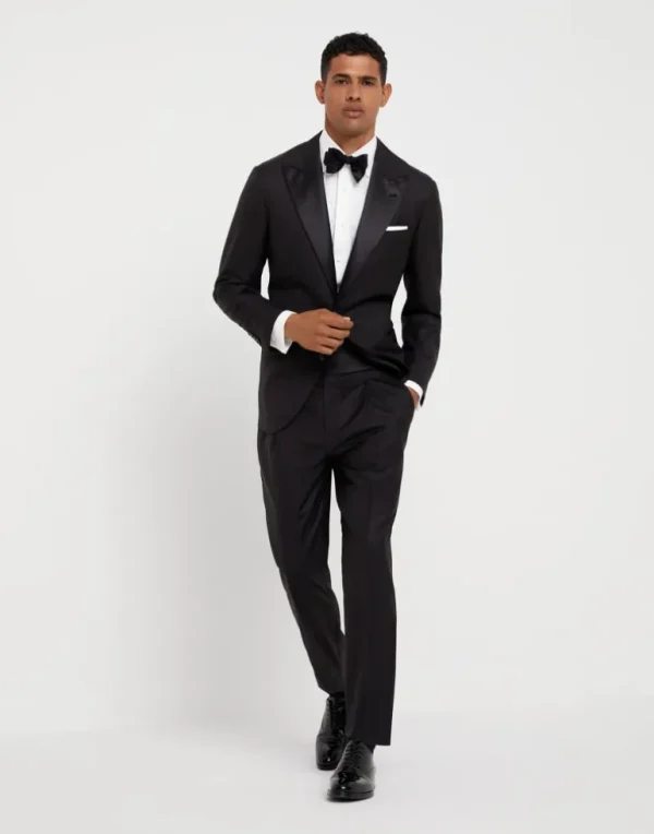 Lightweight virgin wool and silk twill tuxedo with peak lapel jacket and pleated trousers