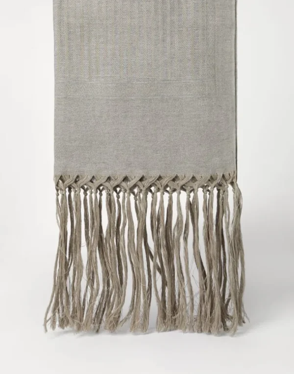 Linen and cashmere chevron towel with hand-knotted fringe