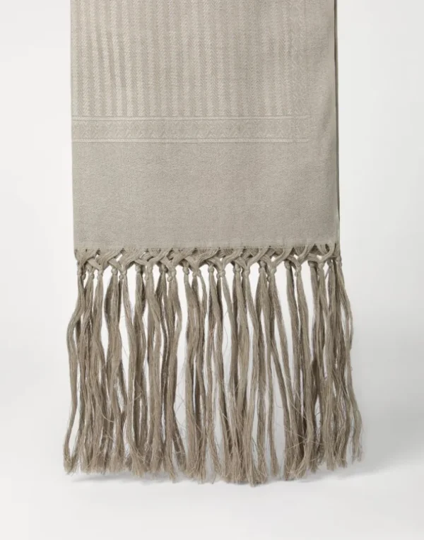 Linen and cashmere chevron towel with hand-knotted fringe