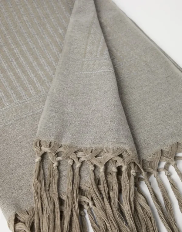 Linen and cashmere chevron towel with hand-knotted fringe