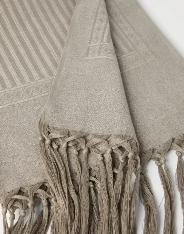 Linen and cashmere chevron towel with hand-knotted fringe