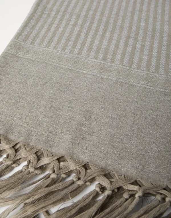 Linen and cashmere chevron towel with hand-knotted fringe