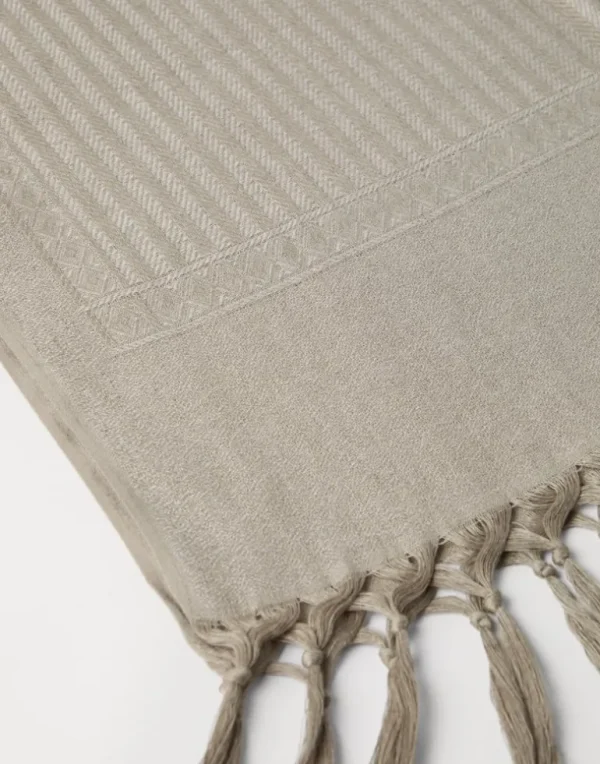 Linen and cashmere chevron towel with hand-knotted fringe