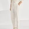 Linen and cotton drill relaxed fit trousers with patch pockets and drawstring