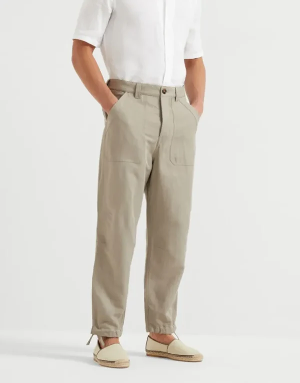 Linen and cotton drill relaxed fit trousers with patch pockets and drawstring