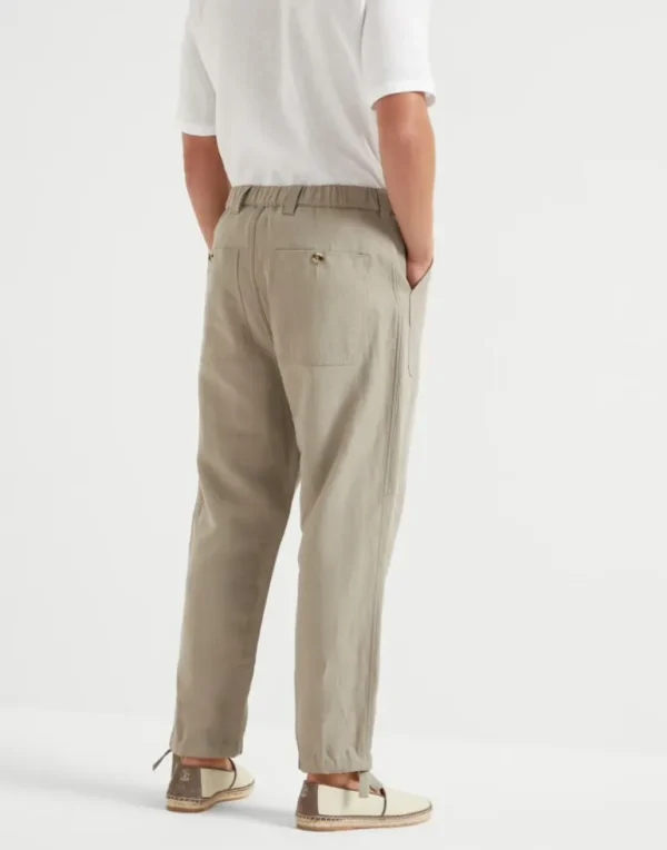 Linen and cotton drill relaxed fit trousers with patch pockets and drawstring