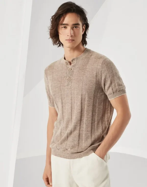 Linen and cotton textured rib knit T-shirt with Henley collar