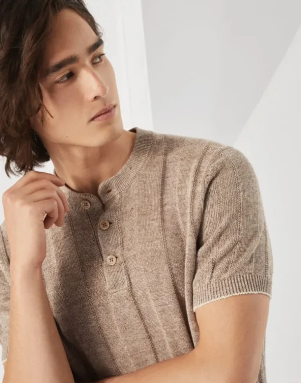 Linen and cotton textured rib knit T-shirt with Henley collar