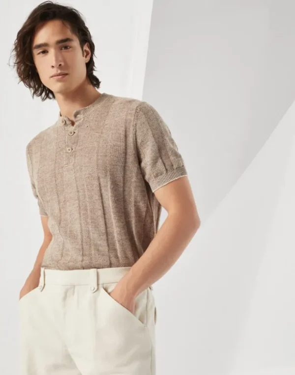 Linen and cotton textured rib knit T-shirt with Henley collar