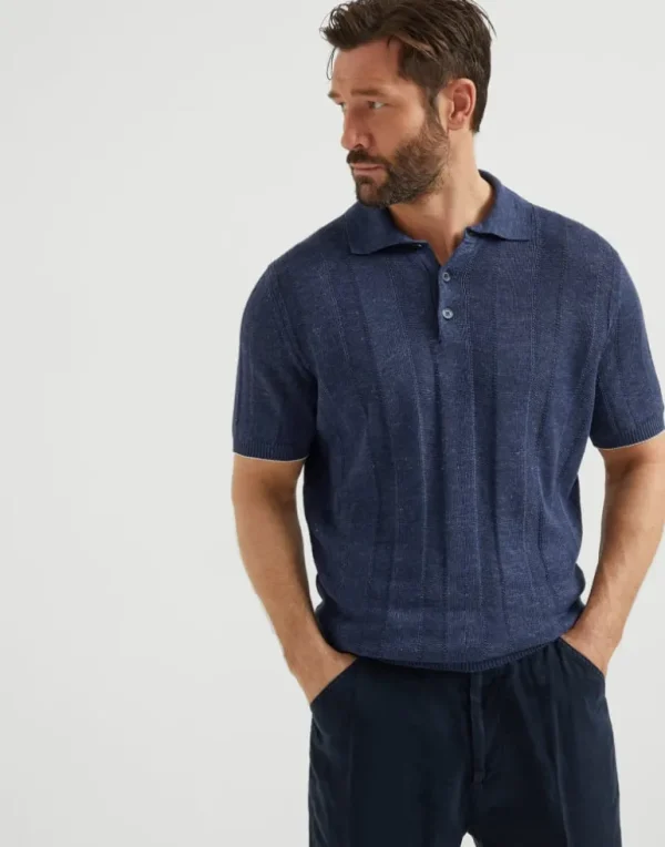 Linen and cotton wide rib knit polo