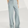 Linen and hemp chalk stripe twill loose flared trousers with monili