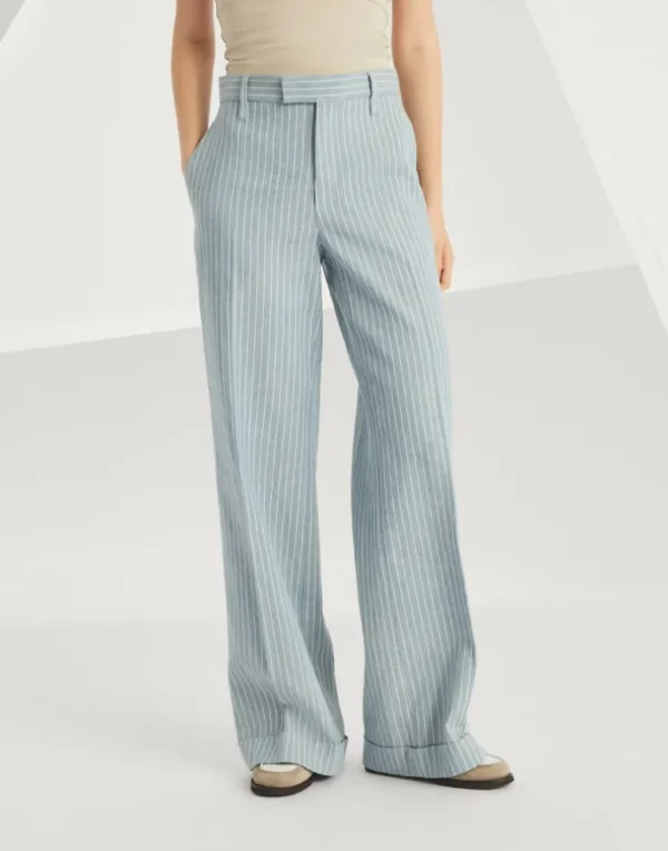 Linen and hemp chalk stripe twill loose flared trousers with monili