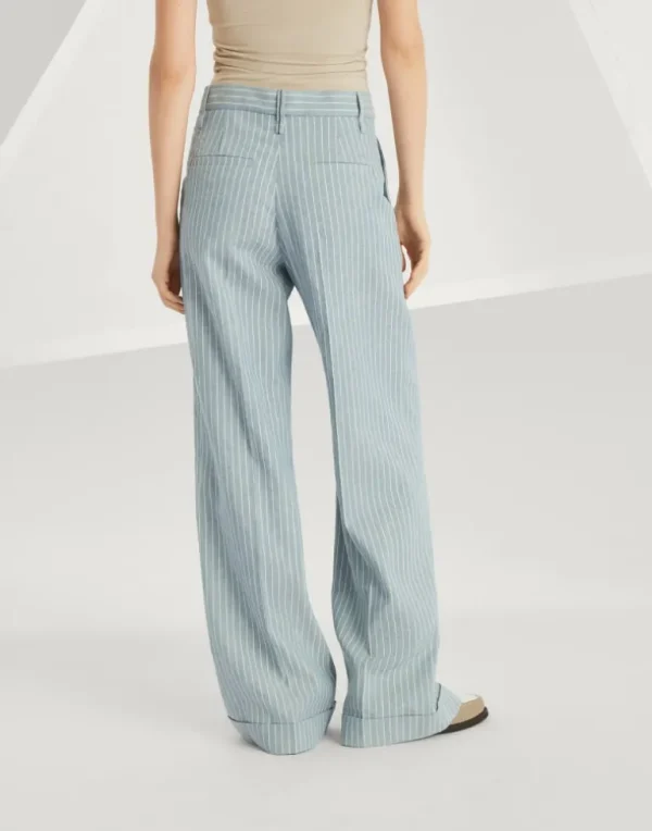 Linen and hemp chalk stripe twill loose flared trousers with monili