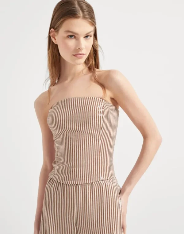 Linen bandeau top with dazzling stripe embroidery