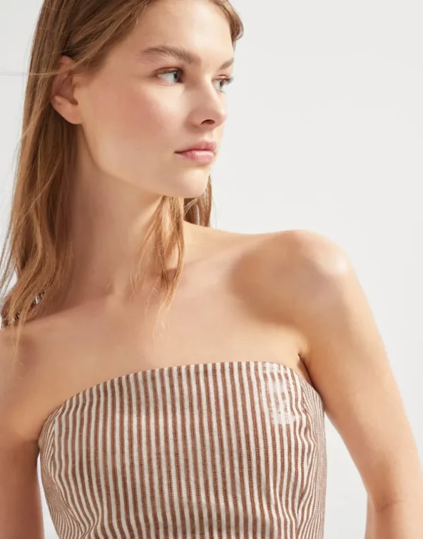 Linen bandeau top with dazzling stripe embroidery