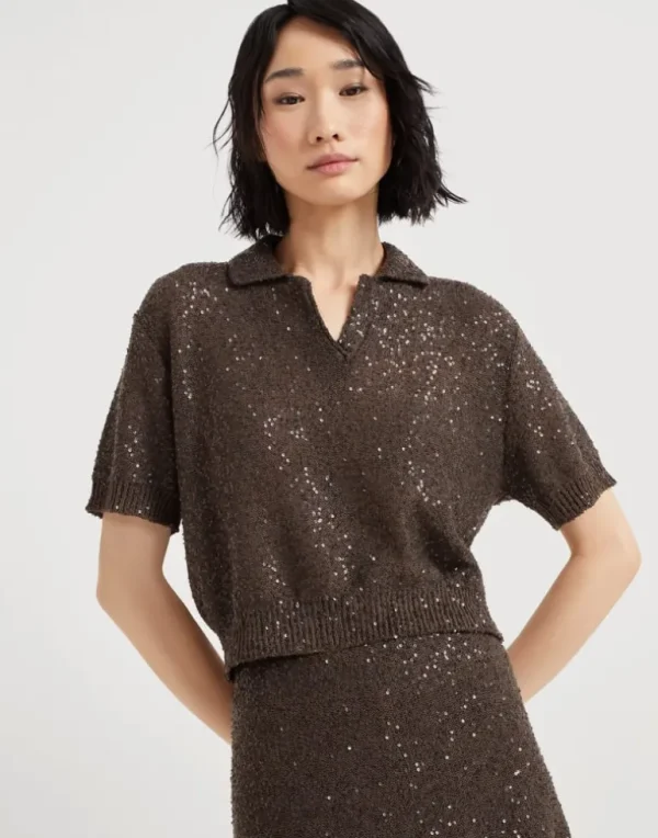 Linen, cashmere and silk dazzling texture knit polo shirt