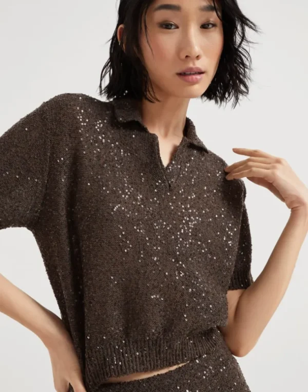 Linen, cashmere and silk dazzling texture knit polo shirt