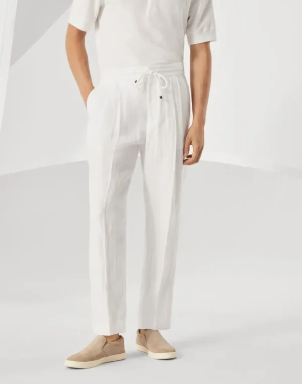 Linen chevron leisure fit trousers with drawstring and double pleats