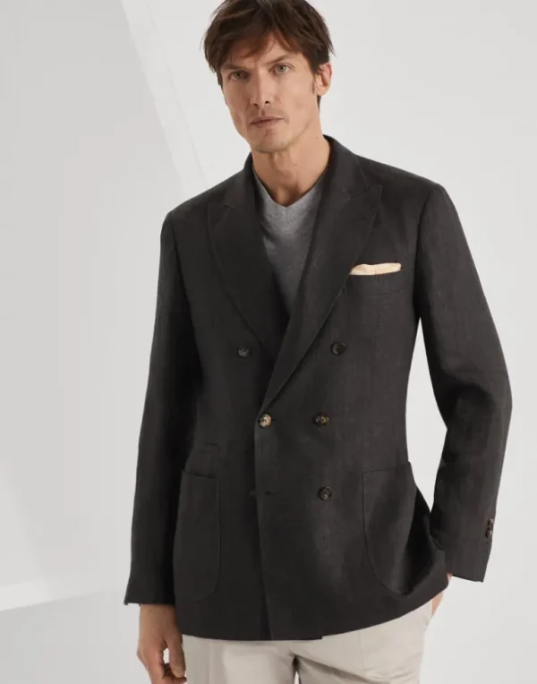 Linen chevron one-and-a-half breasted deconstructed blazer with patch pockets