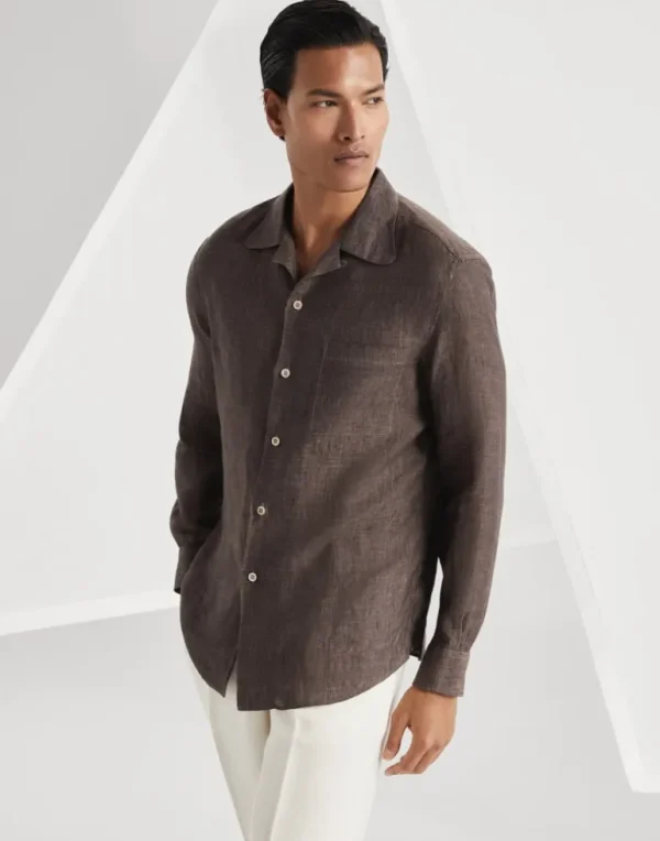 Linen easy fit shirt with camp collar and chest pocket