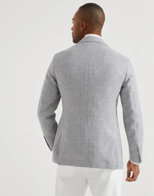 Linen houndstooth one-and-a-half breasted deconstructed blazer with patch pockets