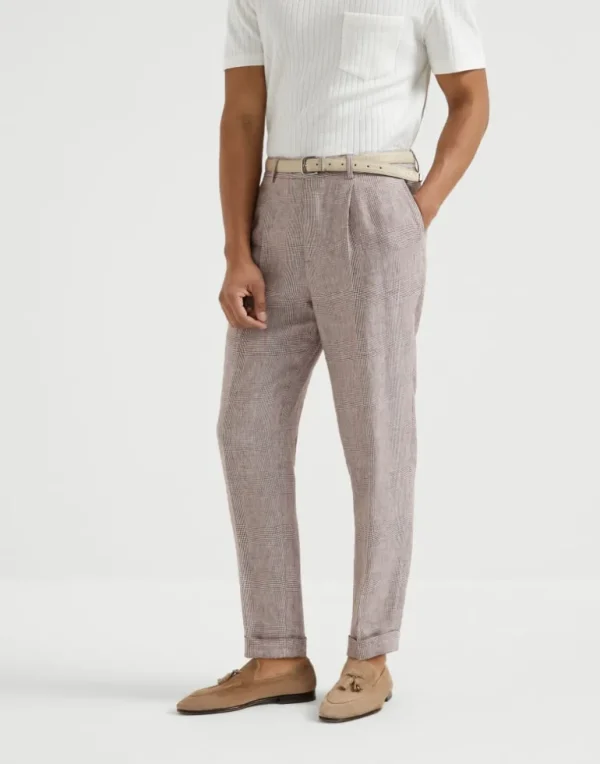 Linen Prince of Wales leisure fit trousers with pleat