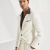 Linen, silk, wool and cotton textured stripe diagonal deconstructed blazer