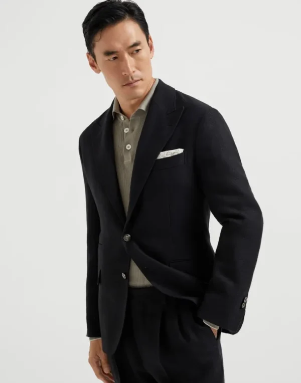 Linen, silk, wool and cotton textured stripe diagonal deconstructed blazer with large peak lapels and metal buttons