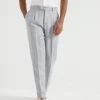 Linen, silk, wool and cotton textured stripe diagonal leisure fit trousers with pleat