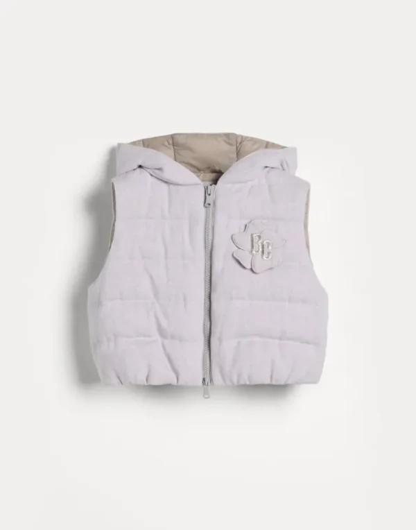 Linen sparkling canvas hooded down vest with patch