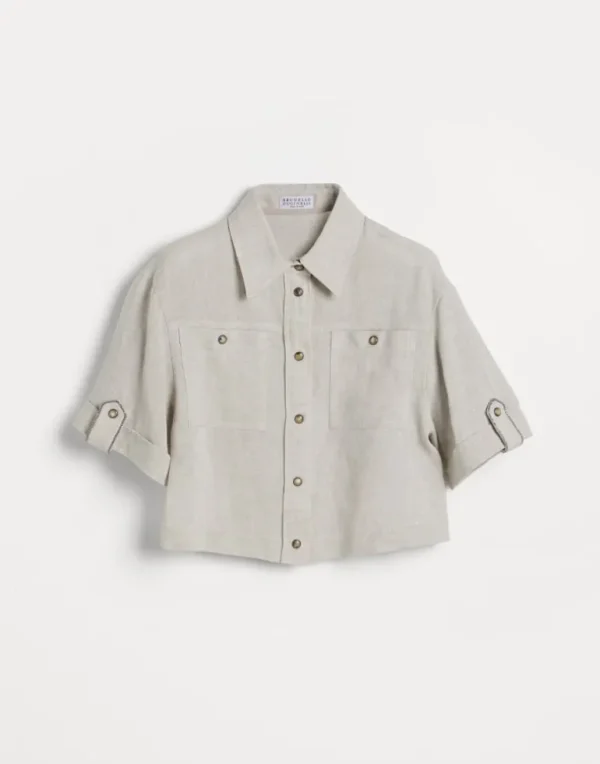 Linen sparkling canvas shirt with monili