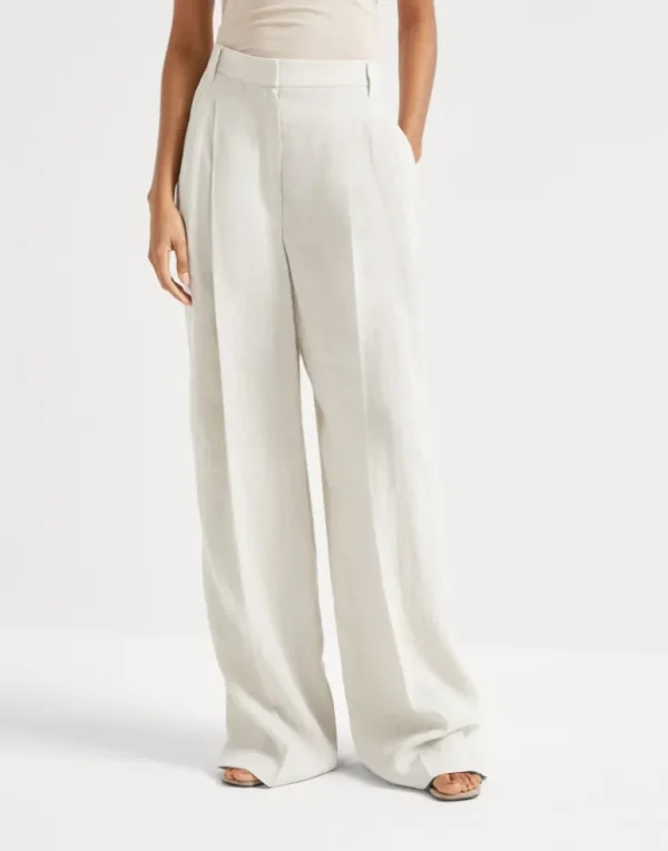 Linen sparkling canvas wide trousers with monili