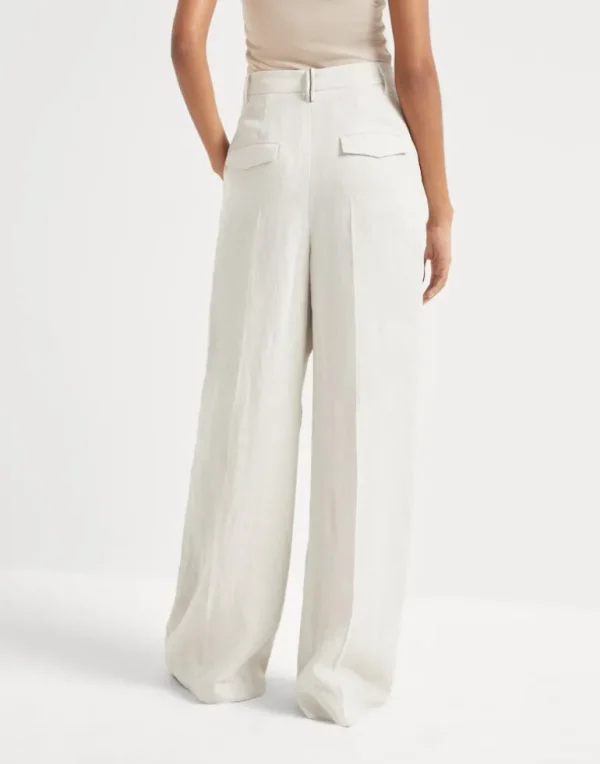 Linen sparkling canvas wide trousers with monili