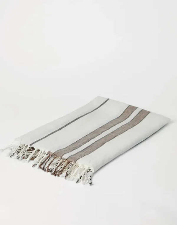 Linen throw with sparkling stripes and fringe