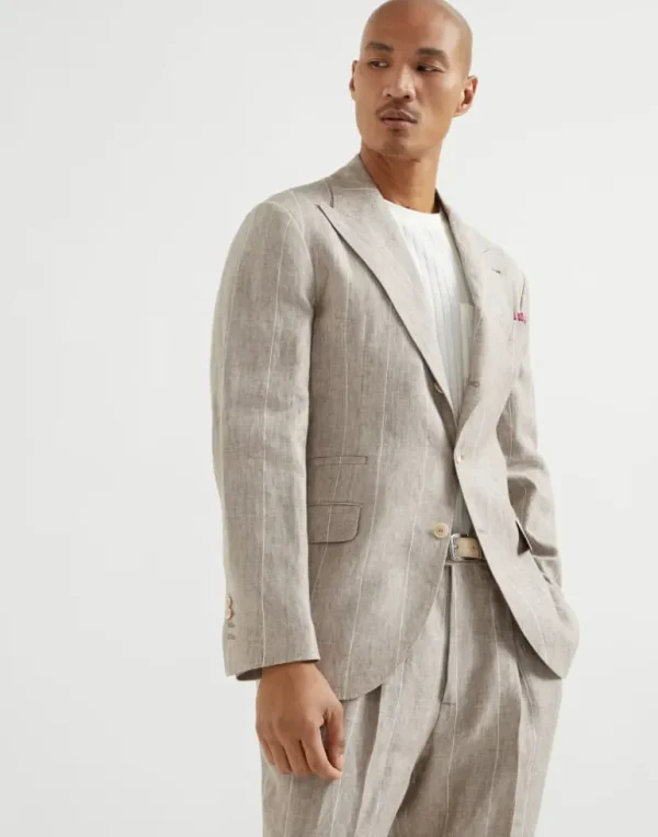 Linen wide chalk stripe deconstructed blazer with large peak lapels