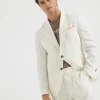 Linen wide chalk stripe deconstructed blazer with large peak lapels