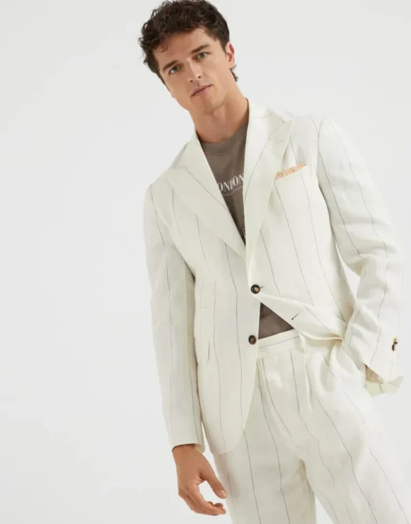 Linen wide chalk stripe deconstructed blazer with large peak lapels