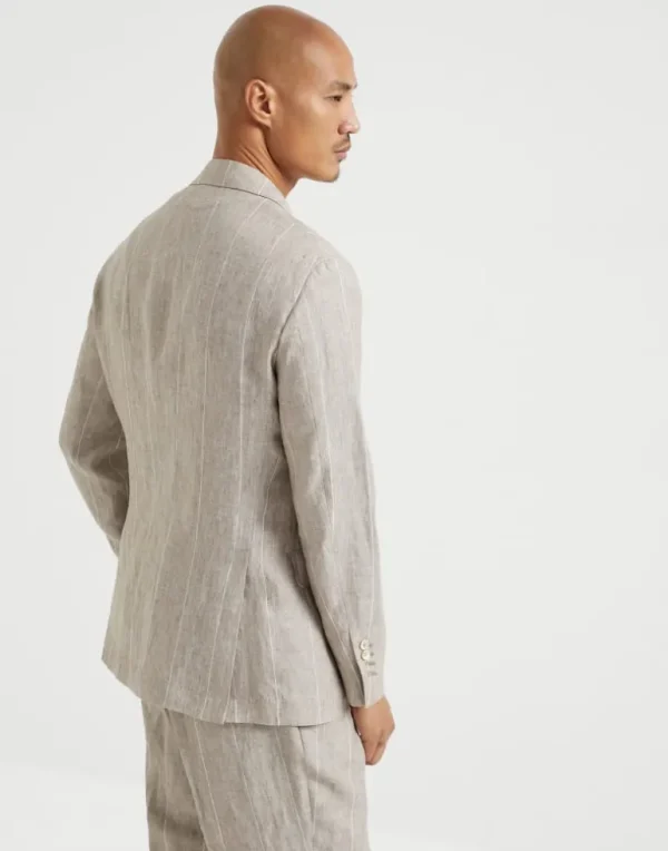 Linen wide chalk stripe deconstructed blazer with large peak lapels