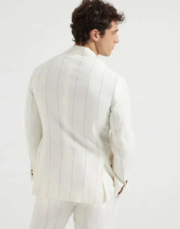 Linen wide chalk stripe deconstructed blazer with large peak lapels