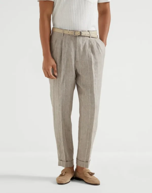 Linen wide chalk stripe leisure fit trousers with double pleats