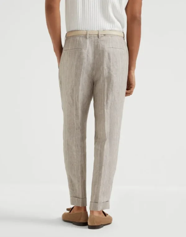 Linen wide chalk stripe leisure fit trousers with double pleats