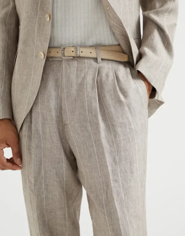 Linen wide chalk stripe leisure fit trousers with double pleats