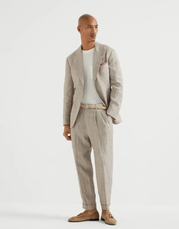 Linen wide chalk stripe leisure fit trousers with double pleats