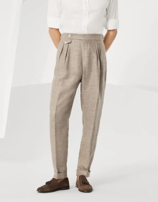 Linen, wool and silk diagonal leisure fit trousers with double pleats and waist tabs