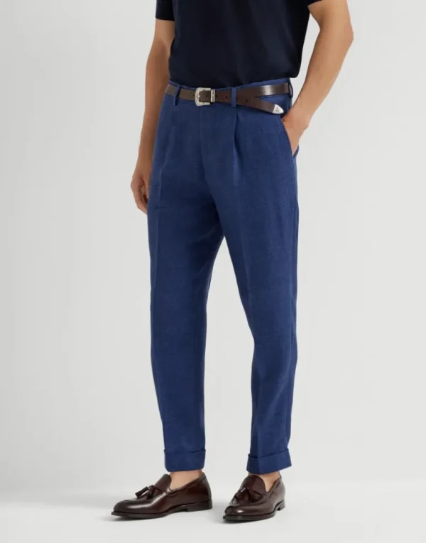 Linen, wool and silk diagonal leisure fit trousers with pleat