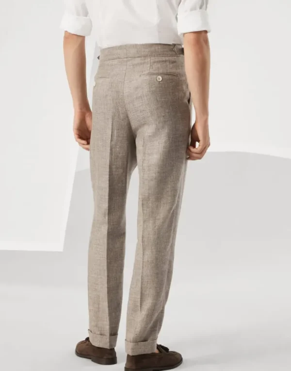 Linen, wool and silk diagonal leisure fit trousers with double pleats and waist tabs