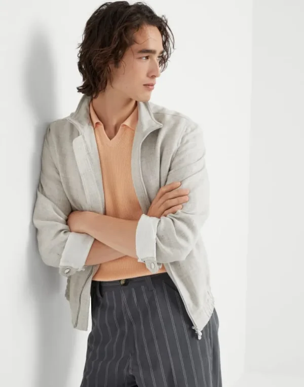 Linen, wool and silk diagonal bomber jacket