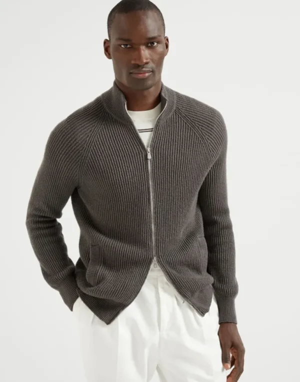 Malfilé cotton English rib cardigan with raglan sleeves and zipper