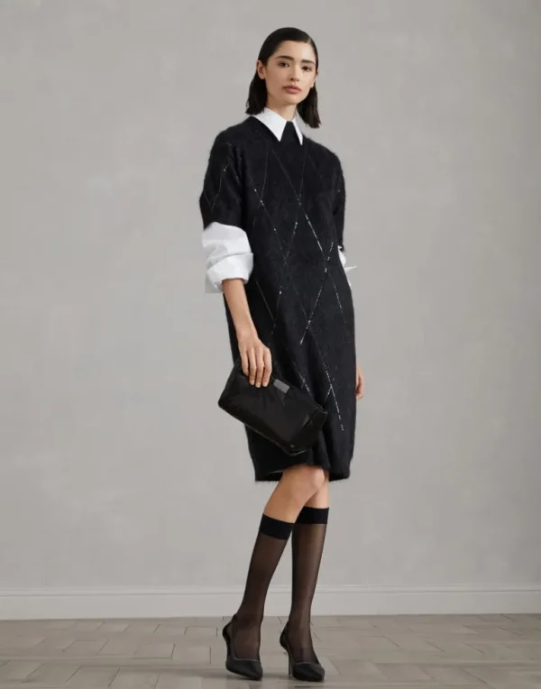 Mohair, wool, cashmere and silk knit dress with dazzling argyle embroidery